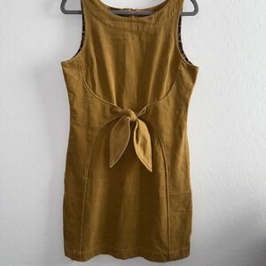 Holding Horses Anthropologie Mustard Yellow Corduroy Front Tie Sheath Dress Sz 8